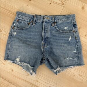 Agolde Blue Distressed Parker Long Jean Shorts with Frayed Hem